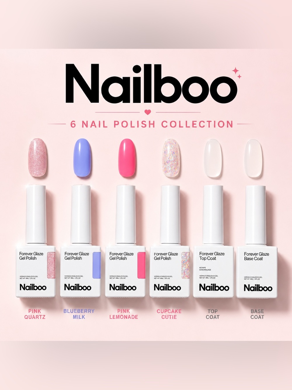 6 Nailboo Gel Nail Polishes • Top & Base Coat & 4 Colors • $78 Retail Value